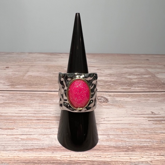 Wide Band Ring with Pink Oval Resin Stone - Picture 2 of 6